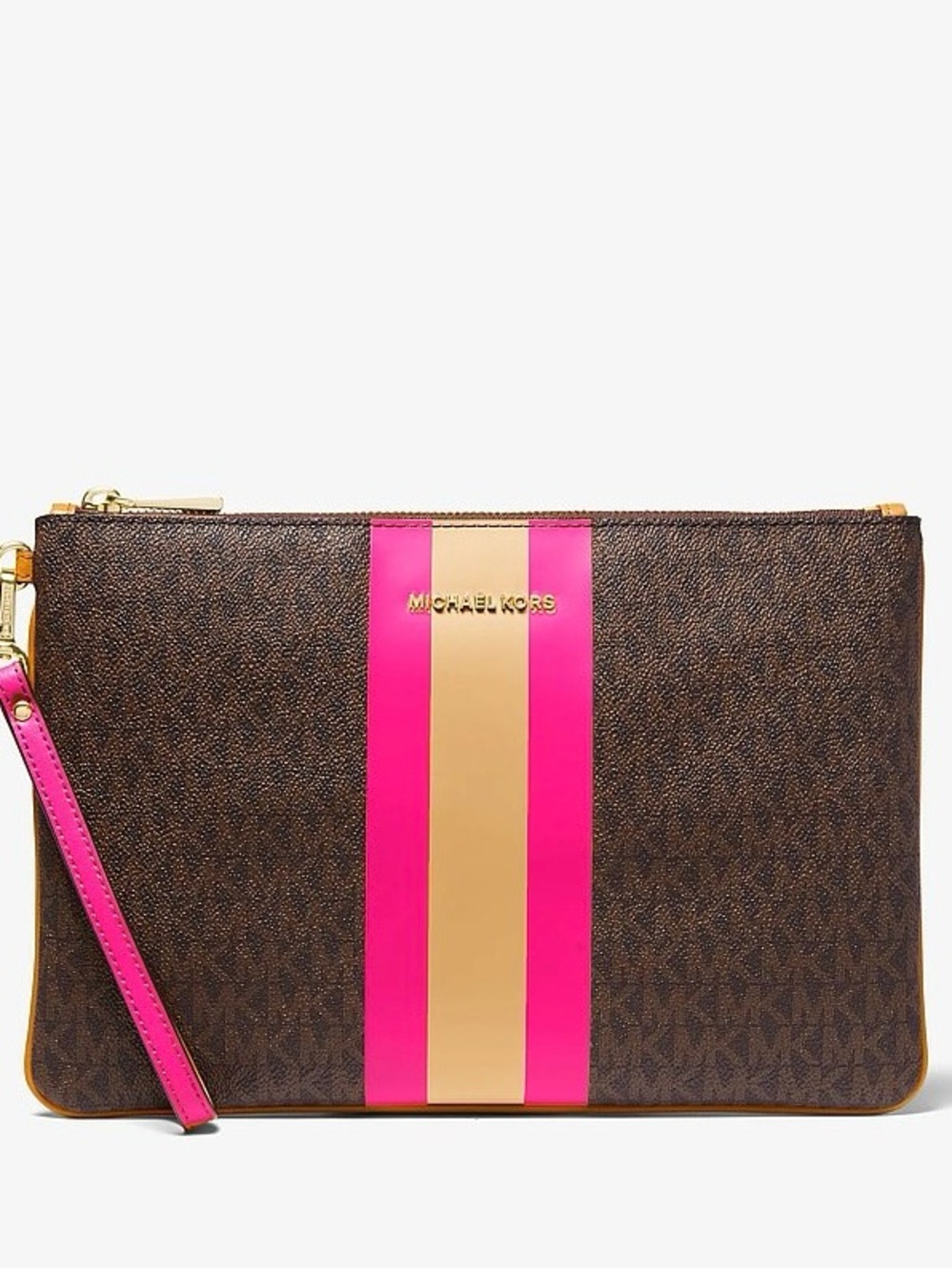 Michael Kors Large Brown with Hot Pink & Gold Center Stripe Zip Pouch NEW